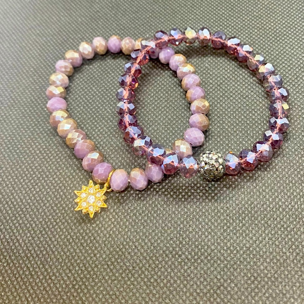 🔴 2 Purple Beaded Stretchy Bracelets